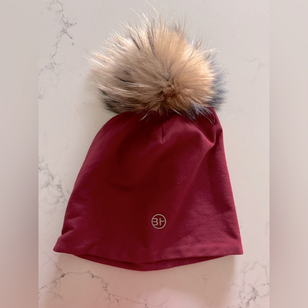 BH Maroon/Burgundy Beanie with Multicolor Tan Real Rabbit Fur Pom Pom